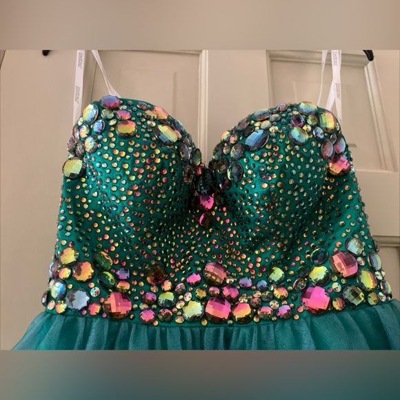 Tony Bowls Homecoming TS11385 Turquoise Size 0 Dress W/ Earrings Strapless - Picture 4 of 11